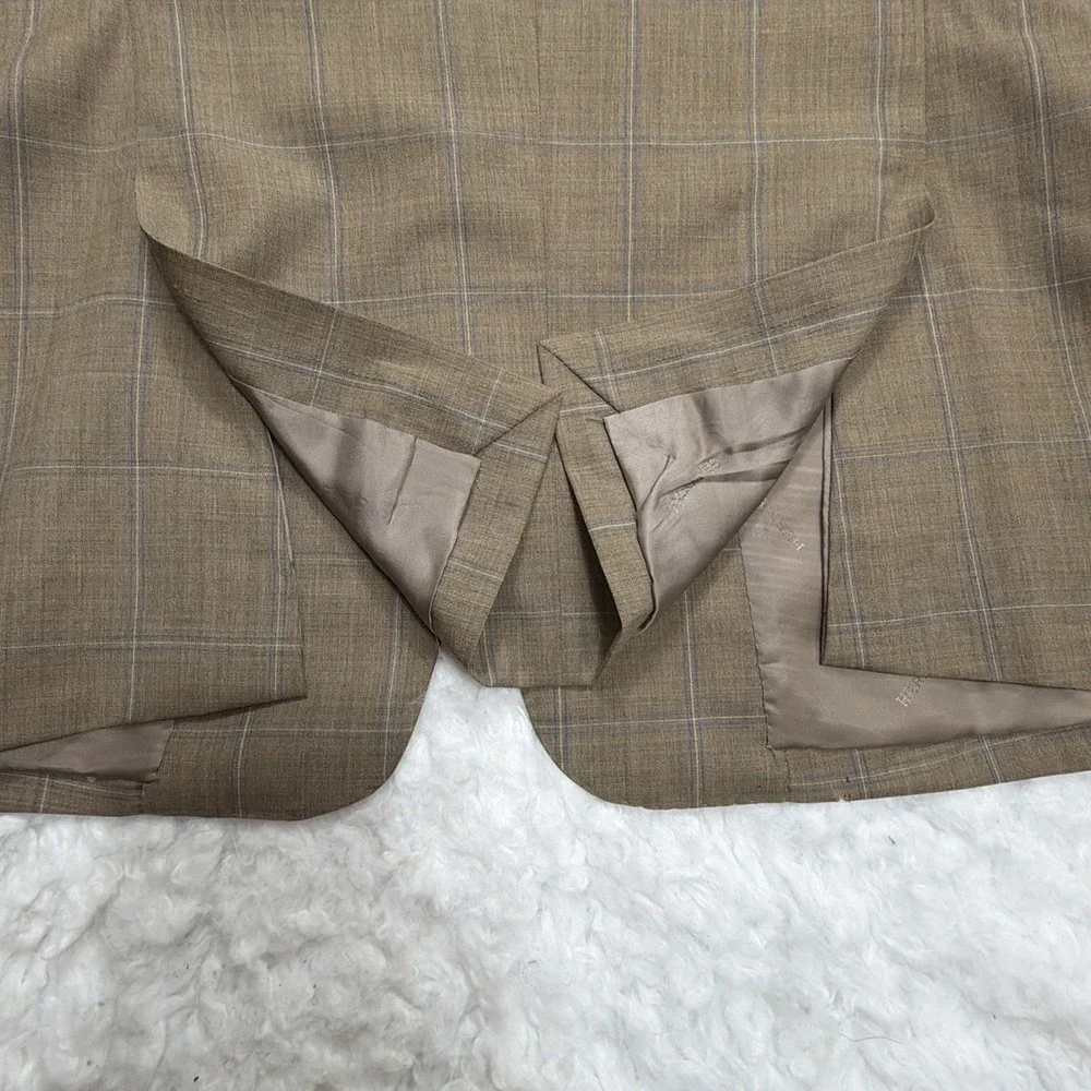 HERMES Mens Sport Coat Blazer Beige Tan Windowpane Checked 42R Wedding Flaws**